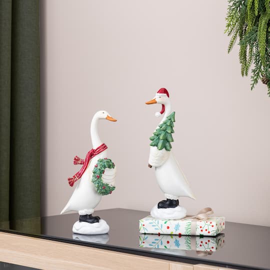 Glitzhome® Set of 2 Christmas Resin Goose with Wreath and Tree Table Decor